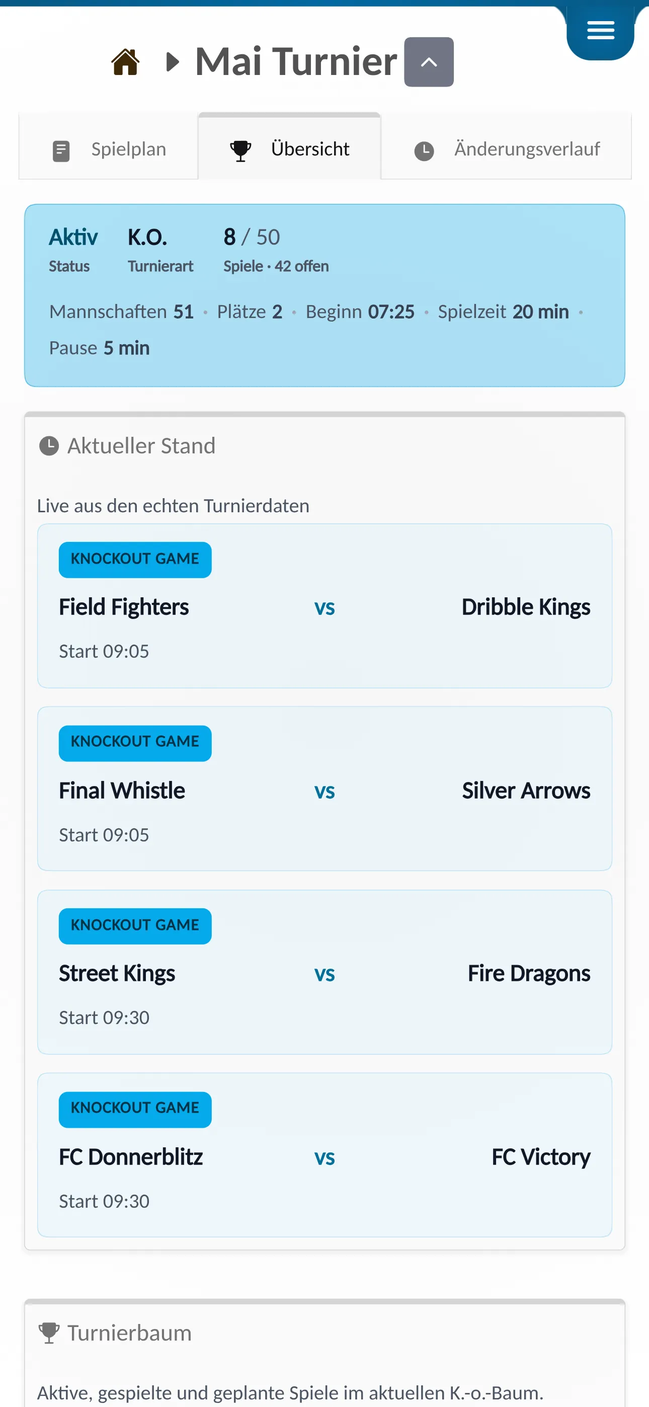 📸 Screenshot: Live-Turnierseite / App-Mockup – So sieht ein laufendes Turnier aus